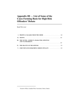 Appendix III — List of Some of the Cases Forming Basis for High Risk Offenders' Debate