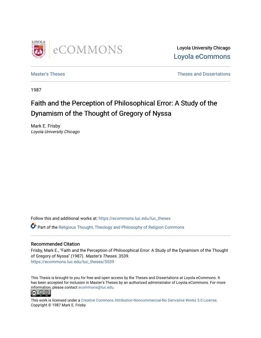 Faith and the Perception of Philosophical Error: a Study of the Dynamism of the Thought of Gregory of Nyssa