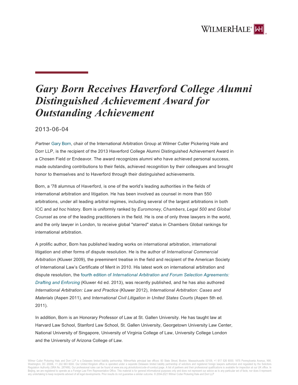 Gary Born Receives Haverford College Alumni Distinguished Achievement Award for Outstanding Achievement