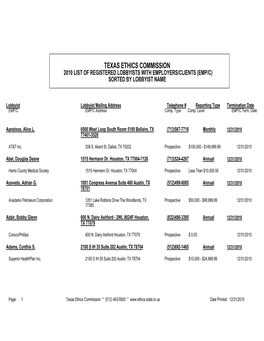 Texas Ethics Commission 2010 List of Registered Lobbyists with Employers/Clients (Emp/C) Sorted by Lobbyist Name