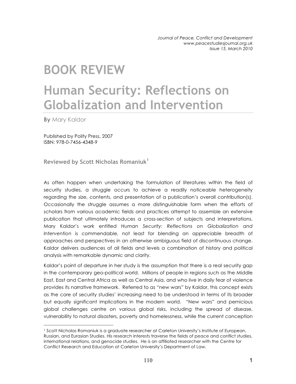 BOOK REVIEW Human Security: Reflections on Globalization and Intervention by Mary Kaldor