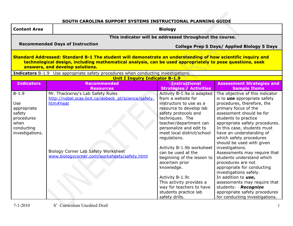 Suggestions Of Activities For Biology Curriculum Guides By Indicators