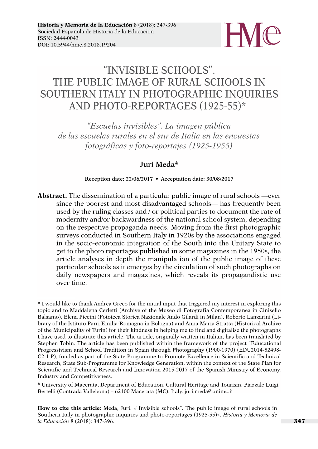 The Public Image of Rural Schools in Southern Italy in Photographic Inquiries and Photo-Reportages (1925-55)*