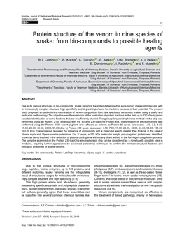 Protein Structure of the Venom in Nine Species of Snake: from Bio-Compounds to Possible Healing Agents