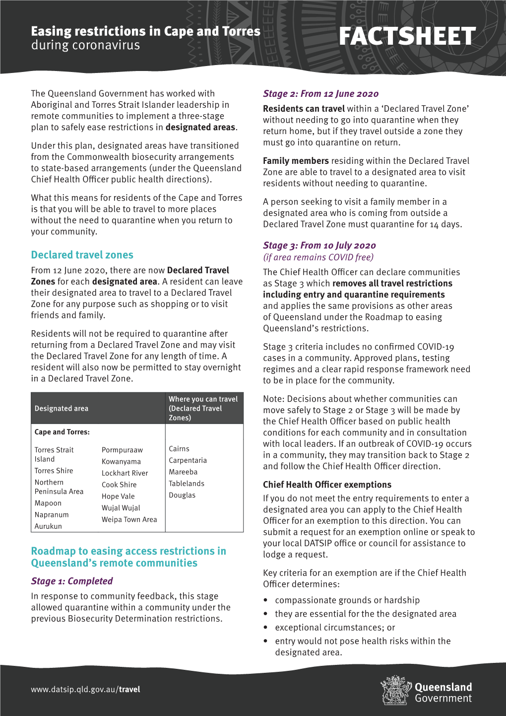 Easing Restrictions in Cape and Torres During Coronavirus FACTSHEET