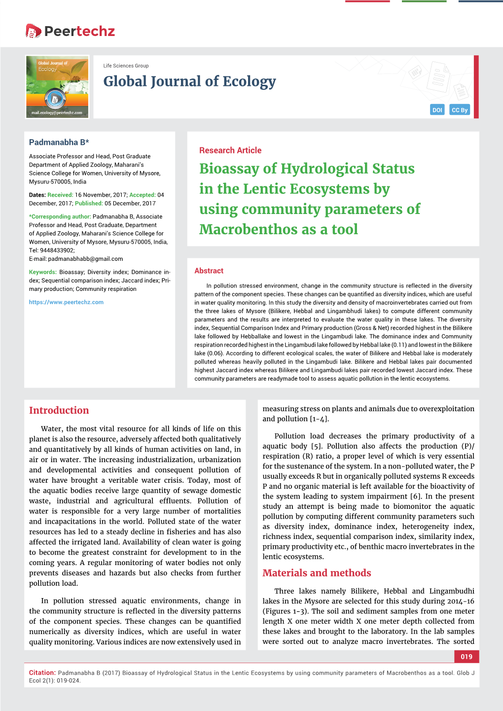Global Journal of Ecology Bioassay of Hydrological Status in the Lentic