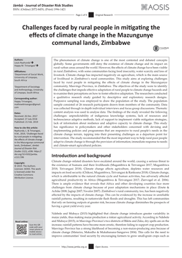 Challenges Faced by Rural People in Mitigating the Effects of Climate Change in the Mazungunye Communal Lands, Zimbabwe