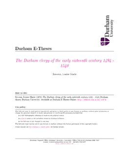 The Durham Clergy of the Early Sixteenth Century 1494 - 1540