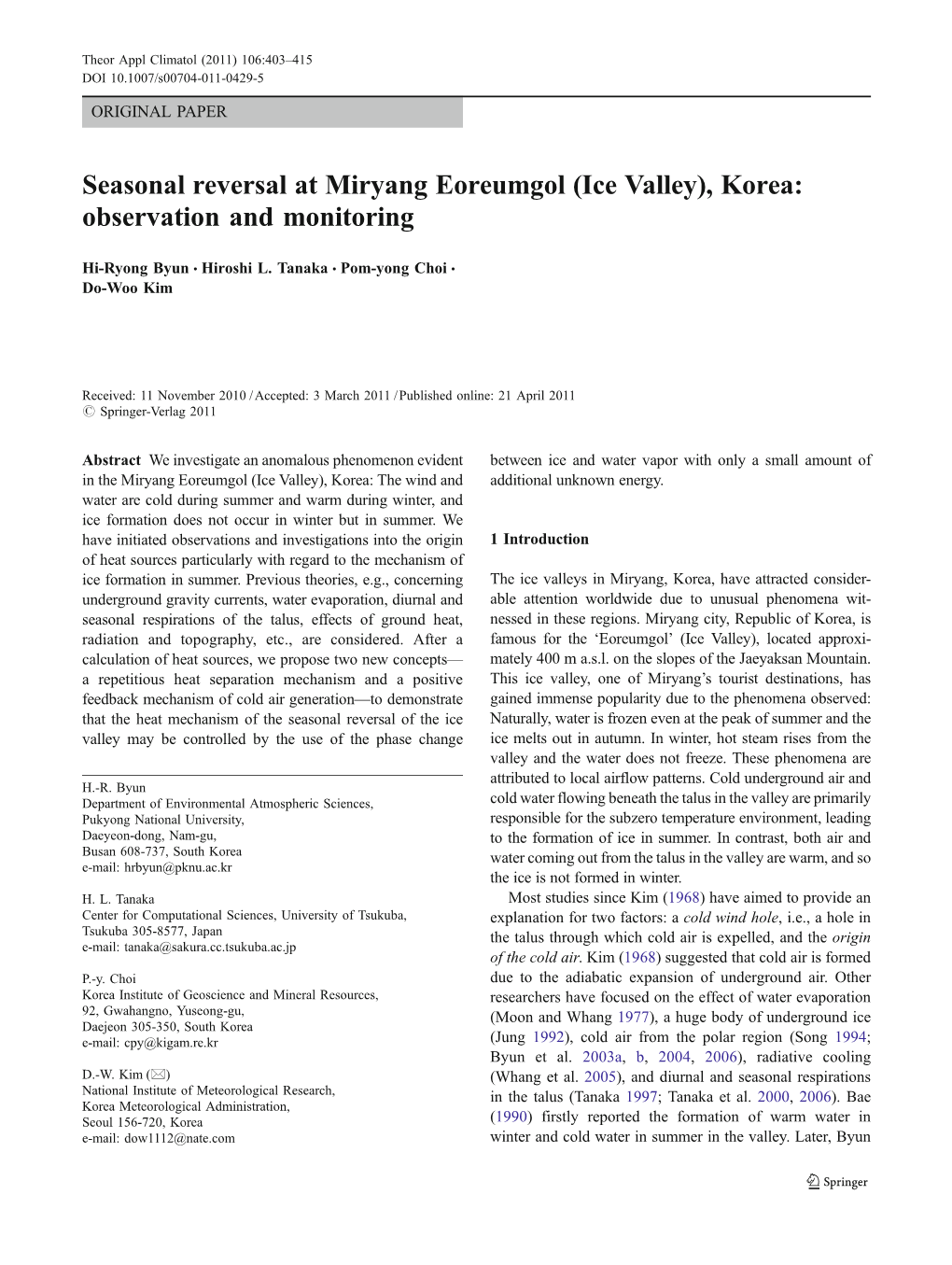 Seasonal Reversal at Miryang Eoreumgol (Ice Valley), Korea: Observation and Monitoring
