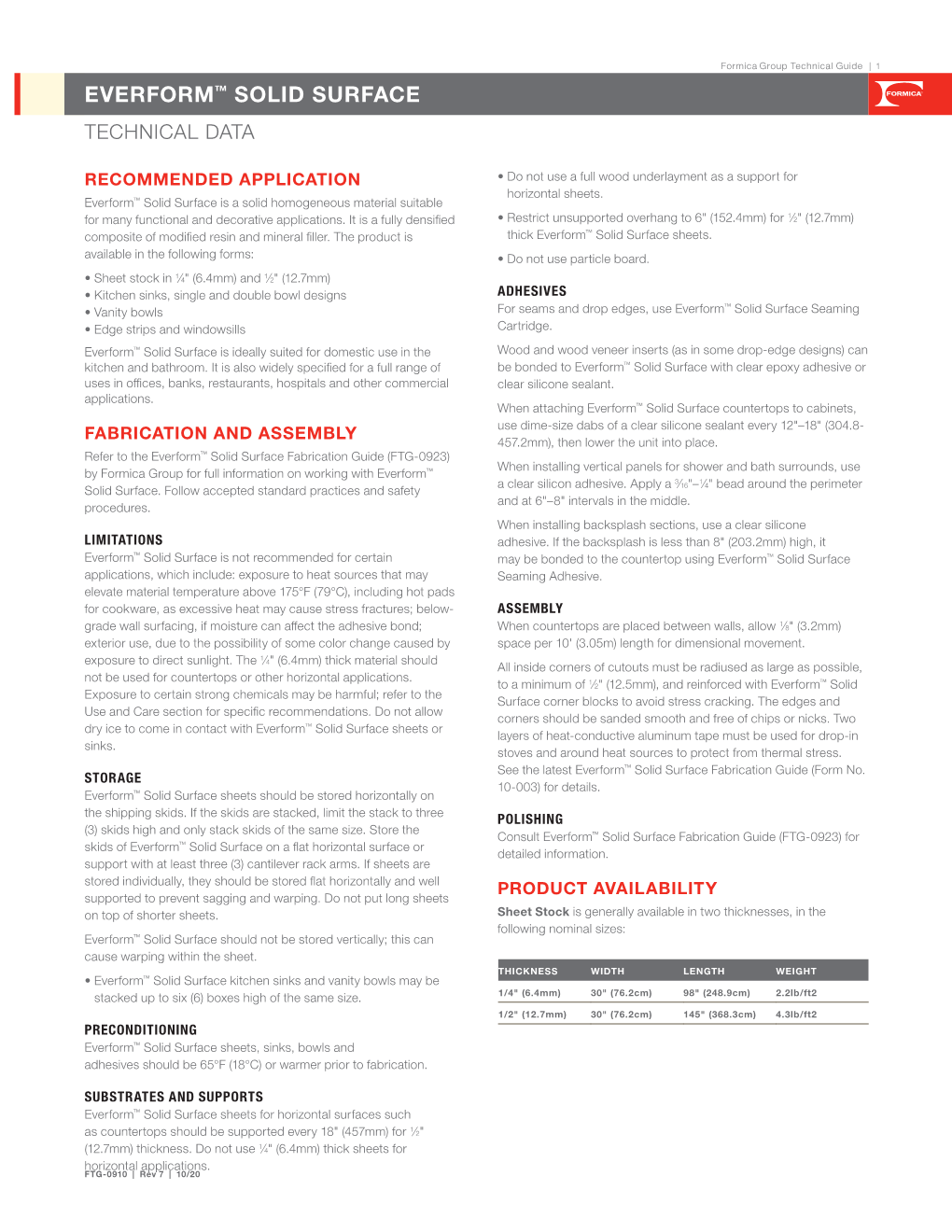 Everform™ Solid Surface Technical Data