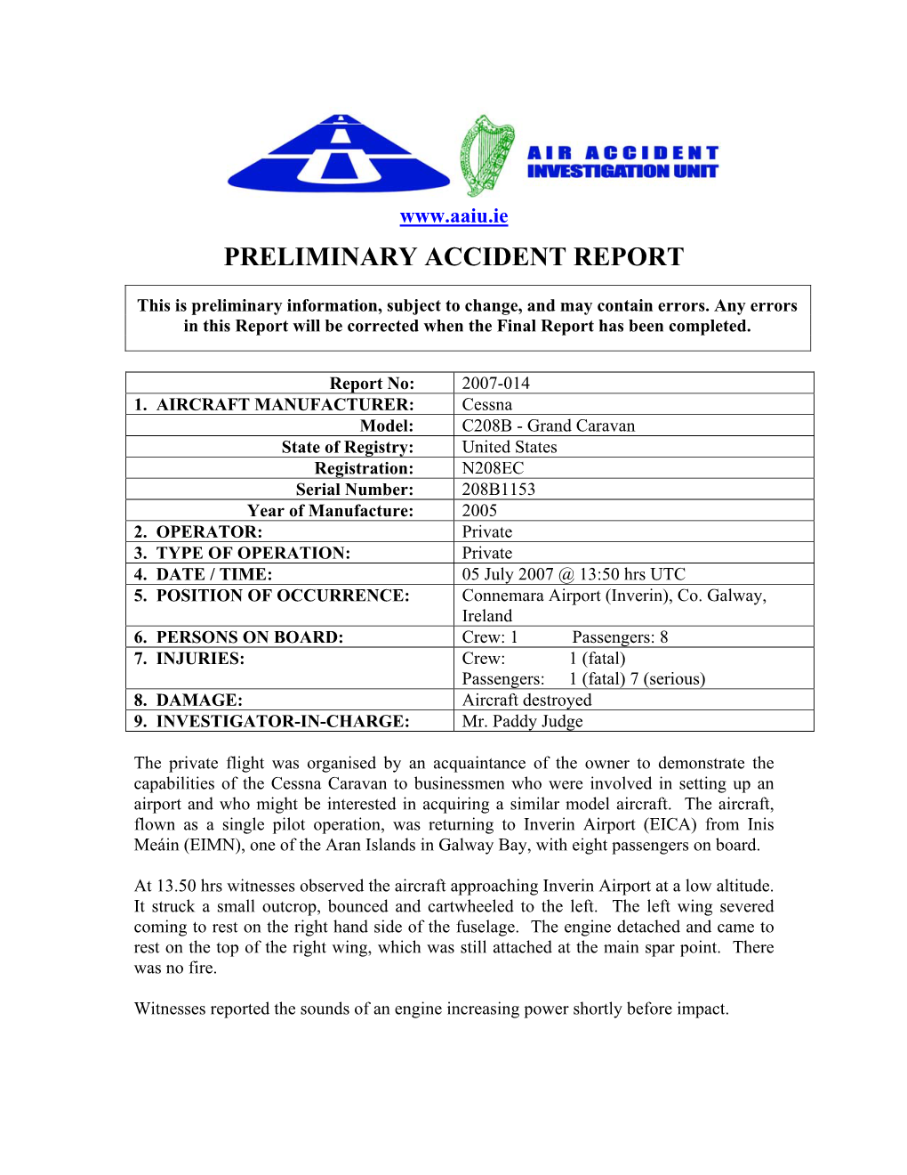 Preliminary Accident Report