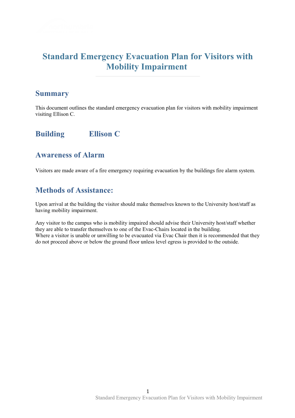 Standard Emergency Evacuation Plan for Visitors with Mobility Impairment