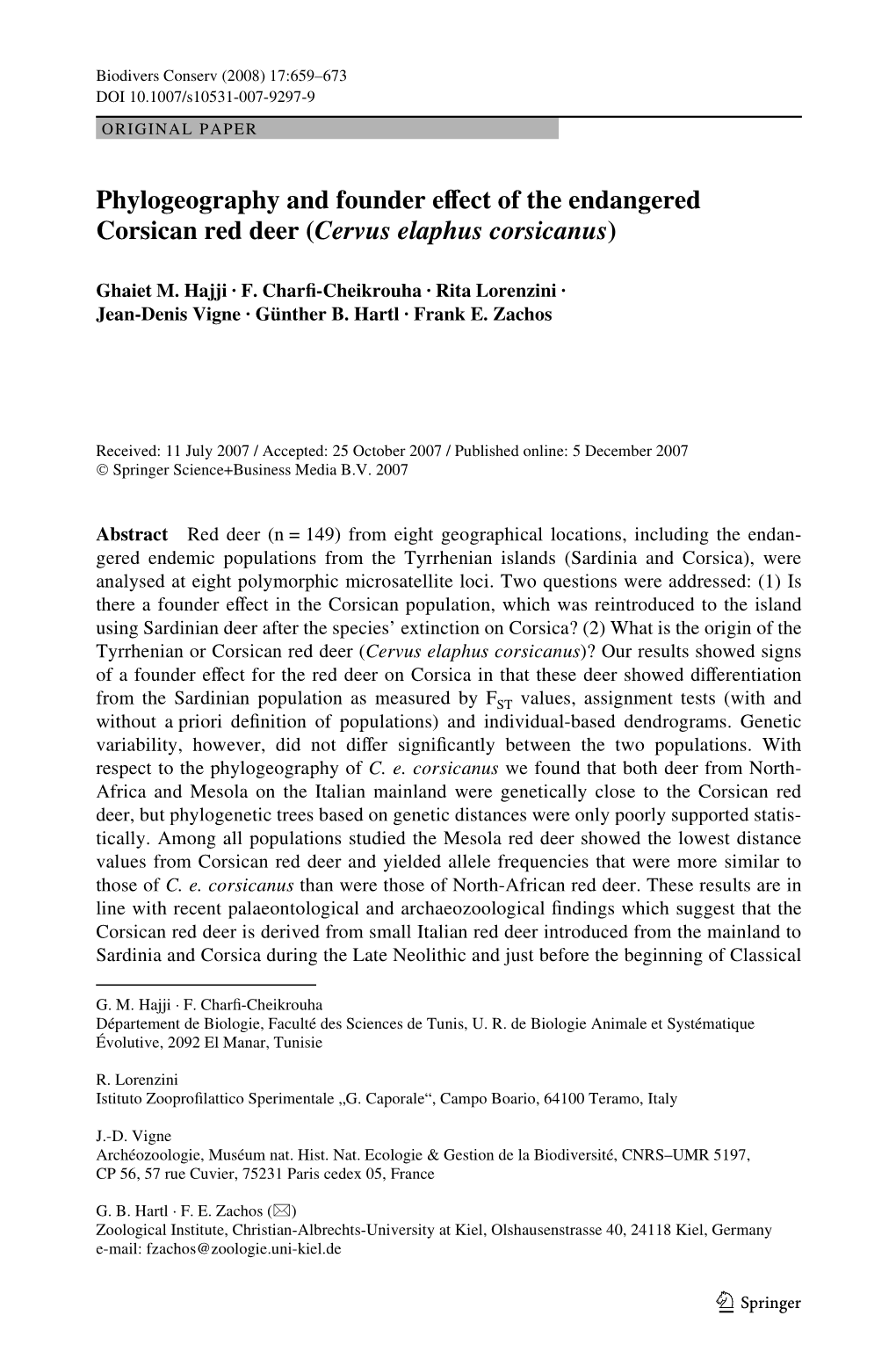 Phylogeography and Founder Evect of the Endangered Corsican Red Deer (Cervus Elaphus Corsicanus)