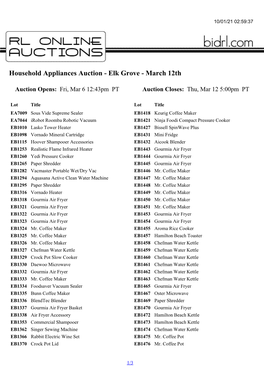 Household Appliances Auction - Elk Grove - March 12Th