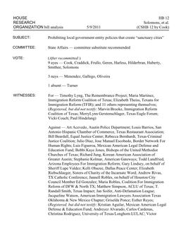 HOUSE HB 12 RESEARCH Solomons, Et Al. ORGANIZATION Bill Analysis 5/9/2011 (CSHB 12 by Cook)