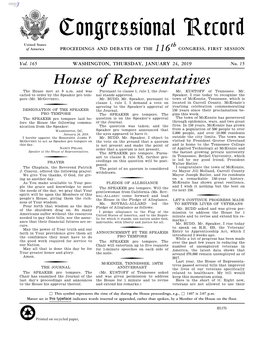 Congressional Record United States Th of America PROCEEDINGS and DEBATES of the 116 CONGRESS, FIRST SESSION