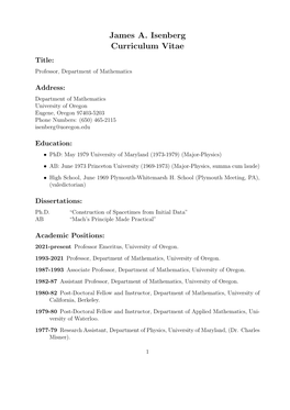 James A. Isenberg Curriculum Vitae Title: Professor, Department of Mathematics