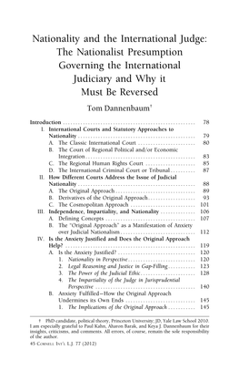 Nationality and the International Judge: the Nationalist Presumption Governing the International Judiciary and Why It Must Be Reversed Tom Dannenbaum†