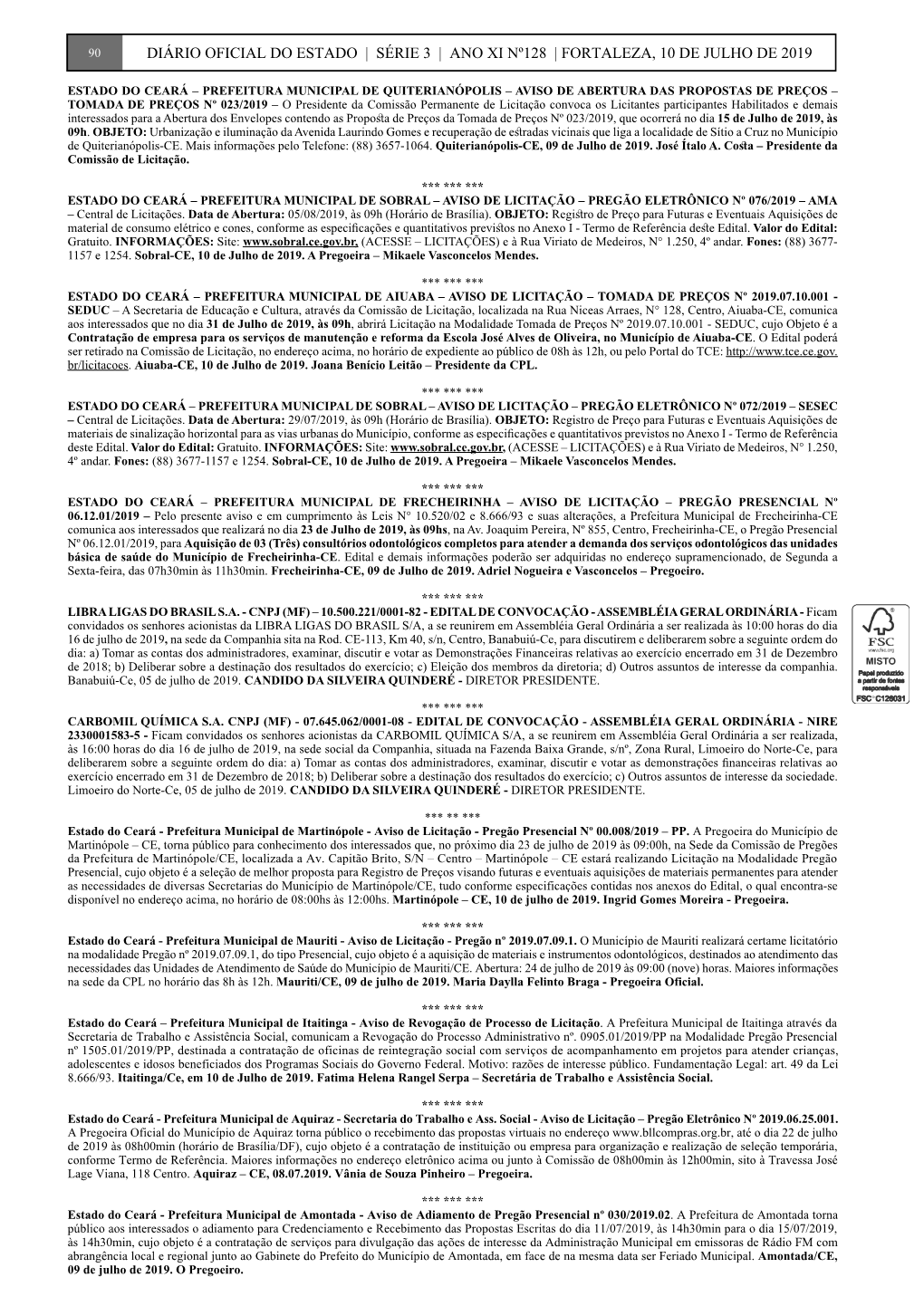 Diário Oficial Do Estado | Série 3 | Ano Xi Nº128 | Fortaleza, 10 De Julho De 2019