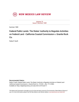 Federal Public Lands: the States' Authority to Regulate Activities on Federal Land - California Coastal Commission V
