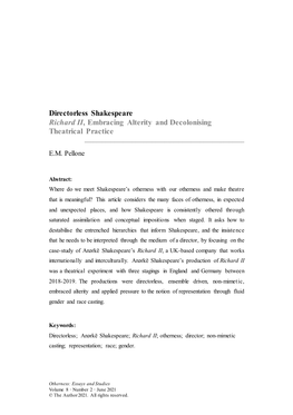 Directorless Shakespeare Richard II, Embracing Alterity and Decolonising Theatrical Practice ______