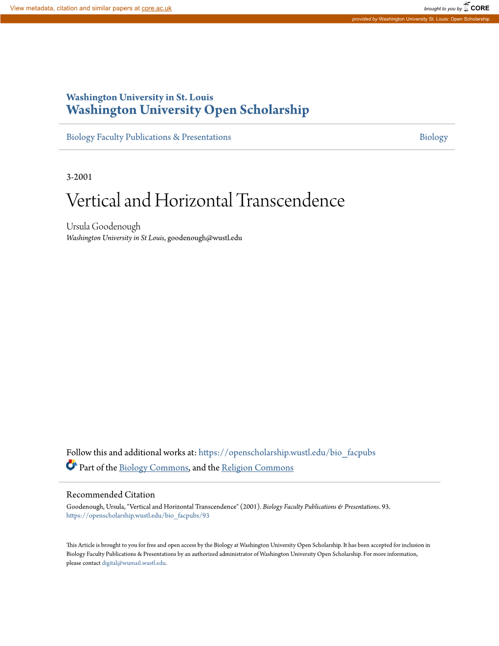 Vertical and Horizontal Transcendence Ursula Goodenough Washington University in St Louis, Goodenough@Wustl.Edu