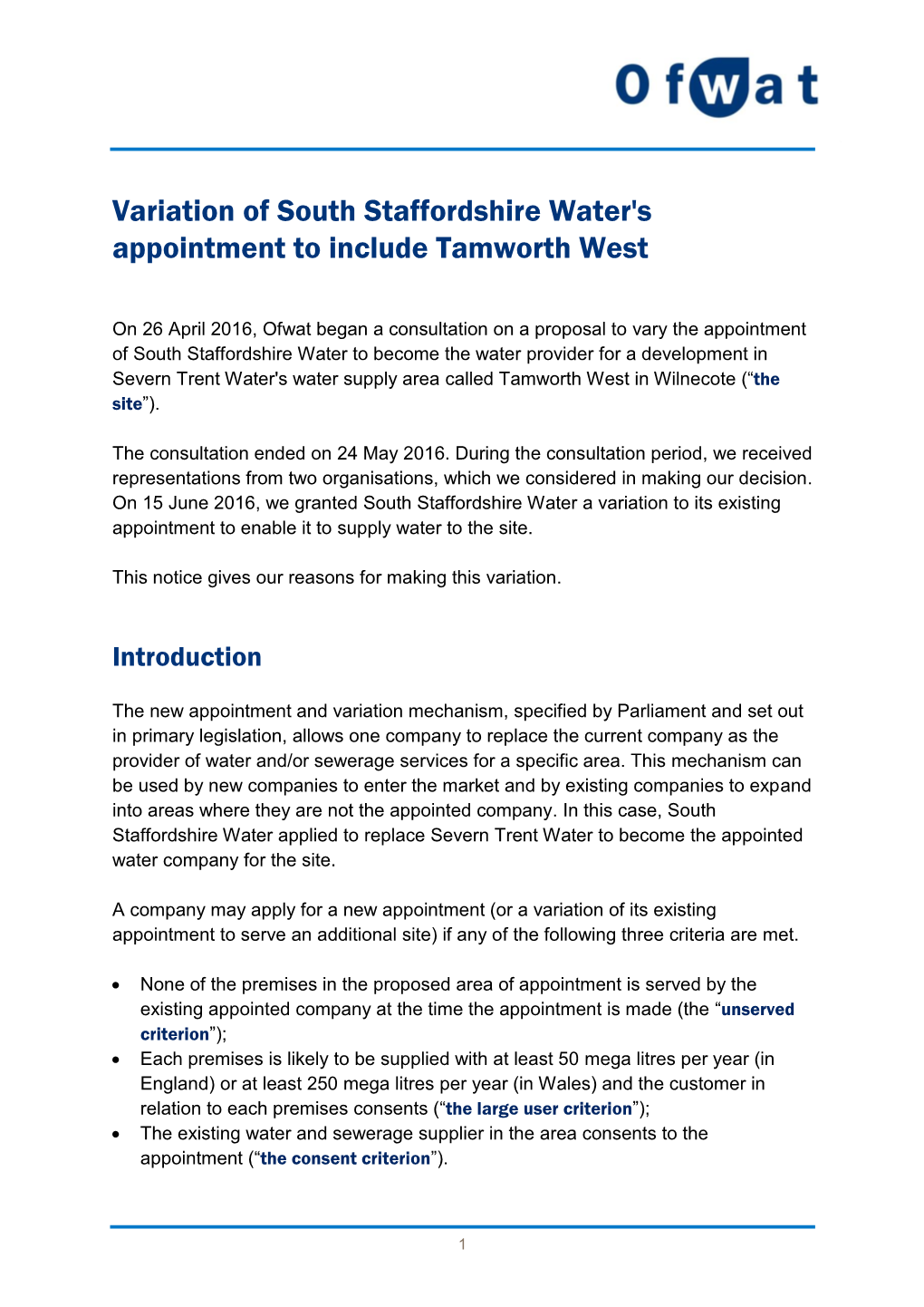 Variation of South Staffordshire Water's Appointment to Include Tamworth West