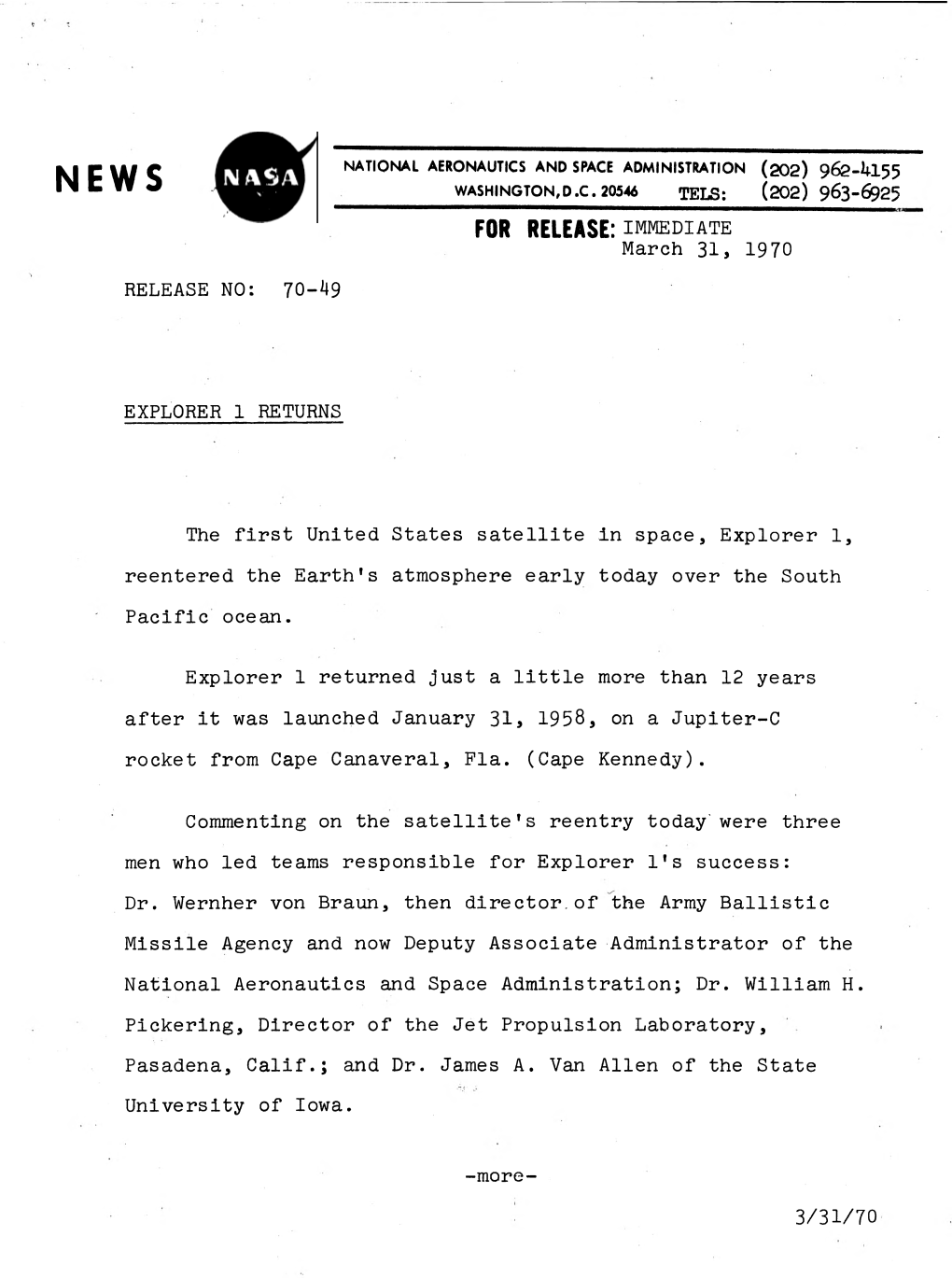 NASA News Release No. 70-49; March 31, 1970