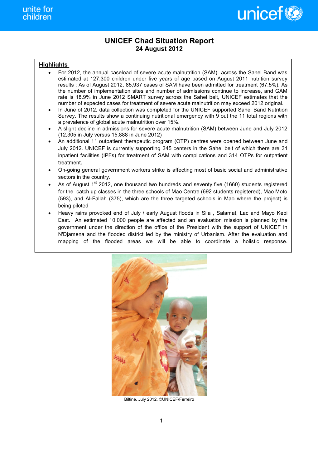 UNICEF Chad Situation Report 24 August 2012