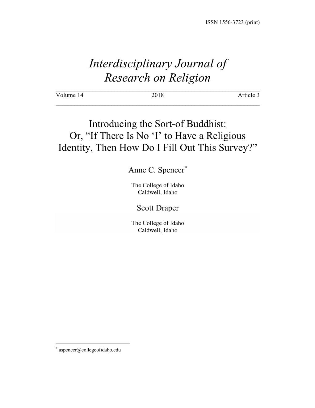 Interdisciplinary Journal of Research on Religion ______Volume 14 2018 Article 3 ______