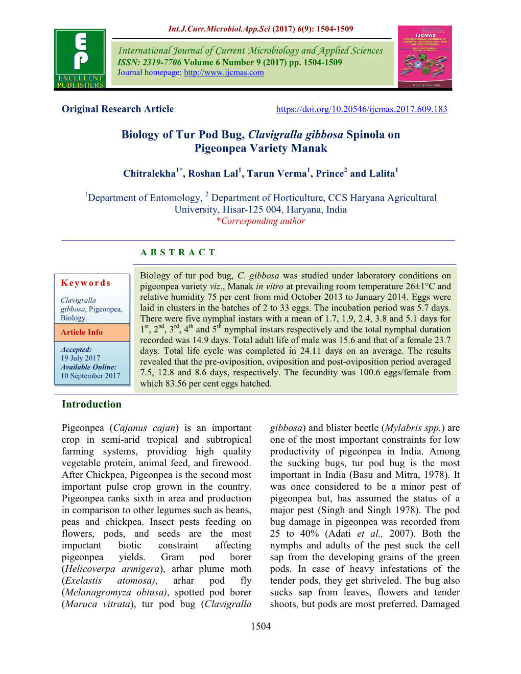 Biology of Tur Pod Bug, Clavigralla Gibbosa Spinola on Pigeonpea Variety Manak