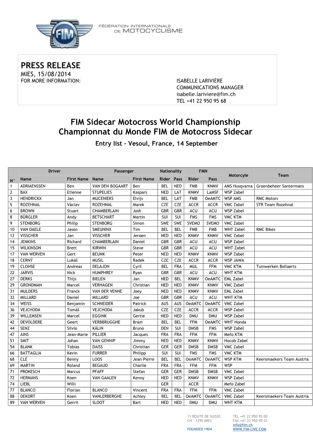 PRESS RELEASE FIM Sidecar Motocross World Championship