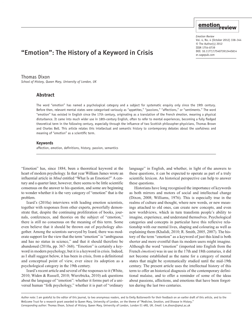 “Emotion”: the History of a Keyword in Crisis Er.Sagepub.Com