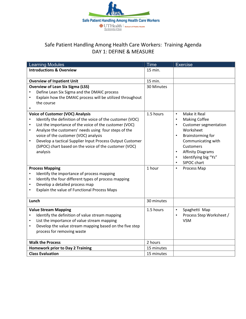 Safe Patient Handling Among Health Care Workers: Training Agenda DAY 1: DEFINE & MEASURE