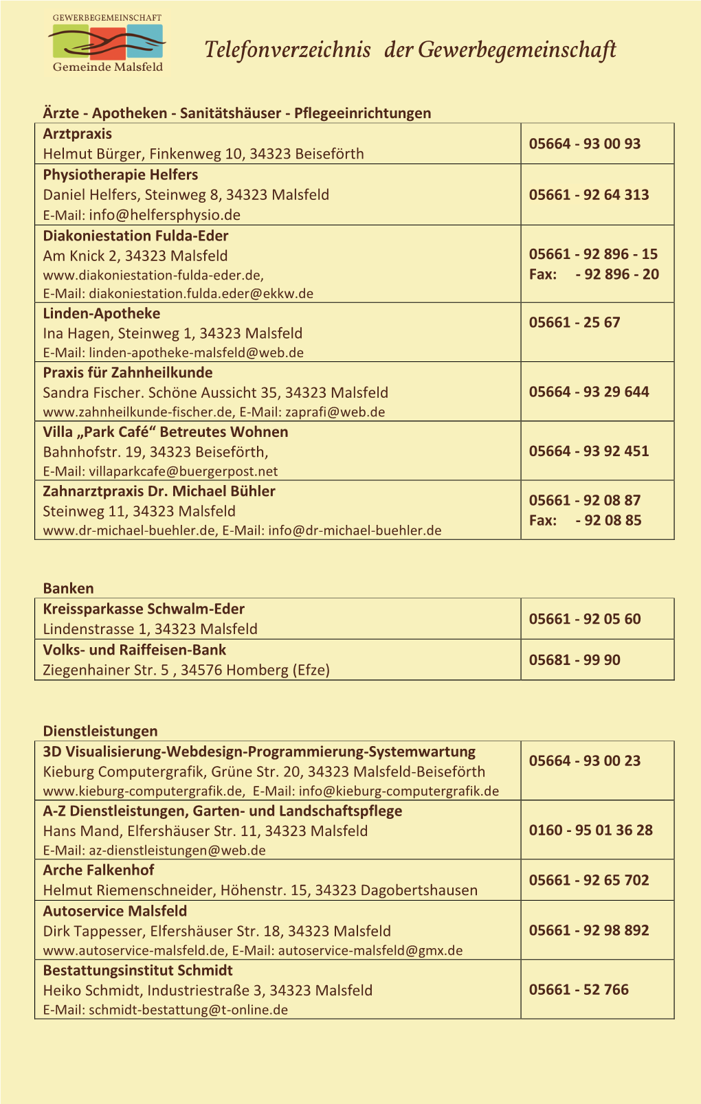 Telefonverzeichnis Der Gewerbegemeinschaft