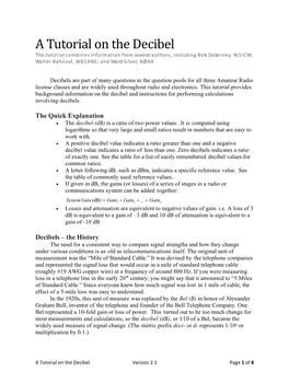 A Tutorial on the Decibel This Tutorial Combines Information from Several Authors, Including Bob Devarney, W1ICW; Walter Bahnzaf, WB1ANE; and Ward Silver, NØAX