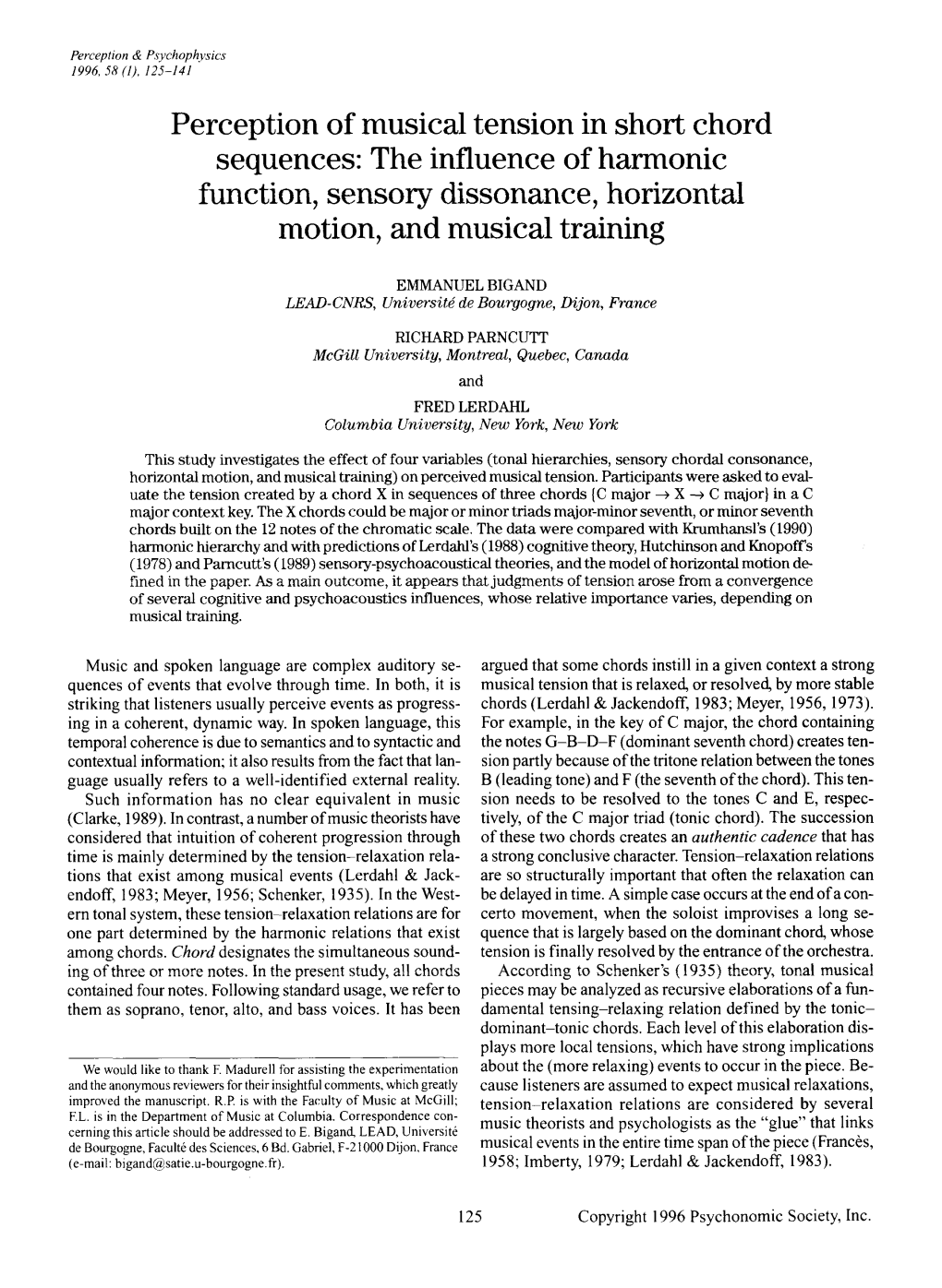 Perception of Musical Tension in Short Chord Sequences: the Influence of Harmonic Function, Sensory Dissonance, Horizontal Motio