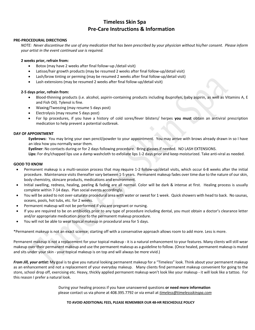 Permanent Makeup Pre Post Care W-Chart