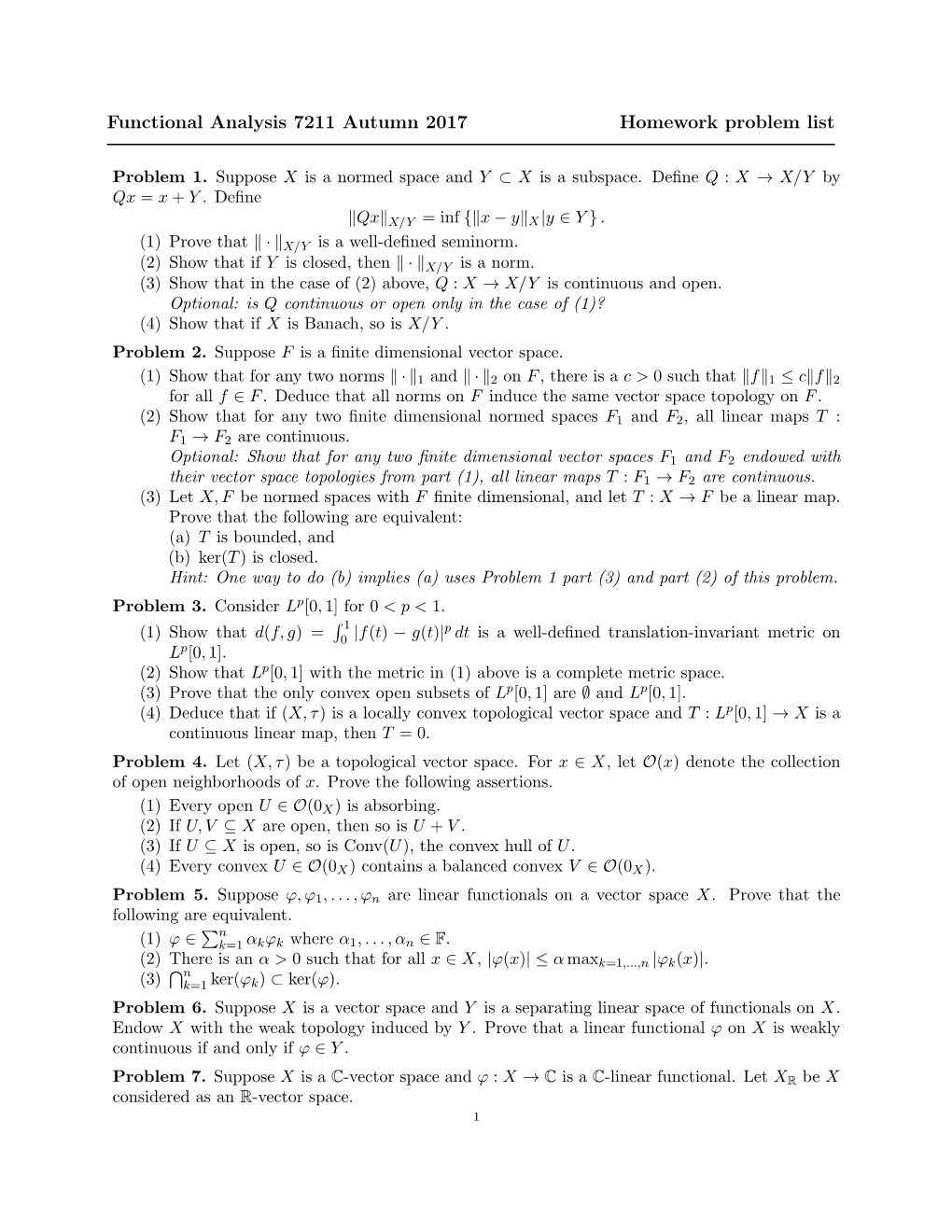 Functional Analysis 7211 Autumn 2017 Homework Problem List