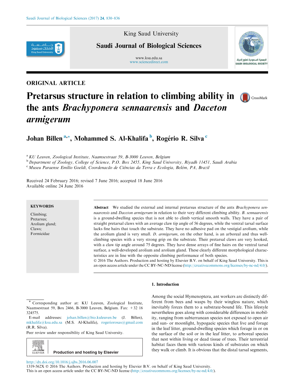 Pretarsus Structure in Relation to Climbing Ability in the Ants Brachyponera Sennaarensis and Daceton Armigerum