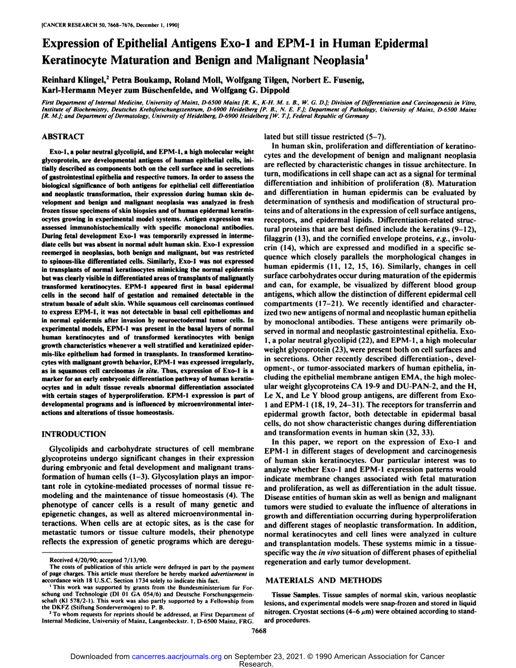 Expression of Epithelial Antigens Exo-1 and EPM-1 in Human Epidermal Keratinocyte Maturation and Benign and Malignant Neoplasia1