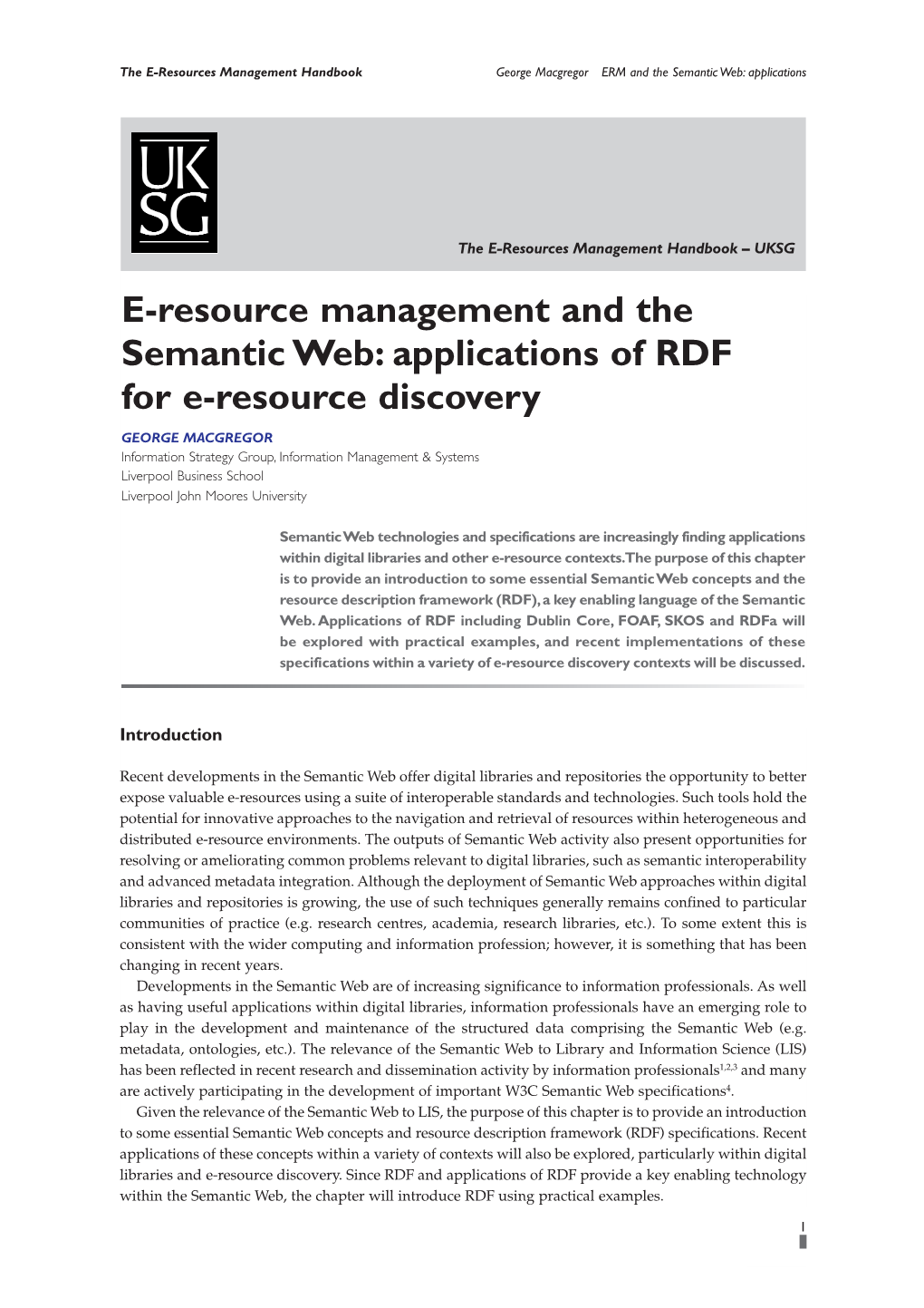 E-Resource Management and the Semantic Web: Applications of RDF for E-Resource Discovery