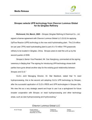 Media Release Chevron Lummus Global LLC Sinopec Selects UFR