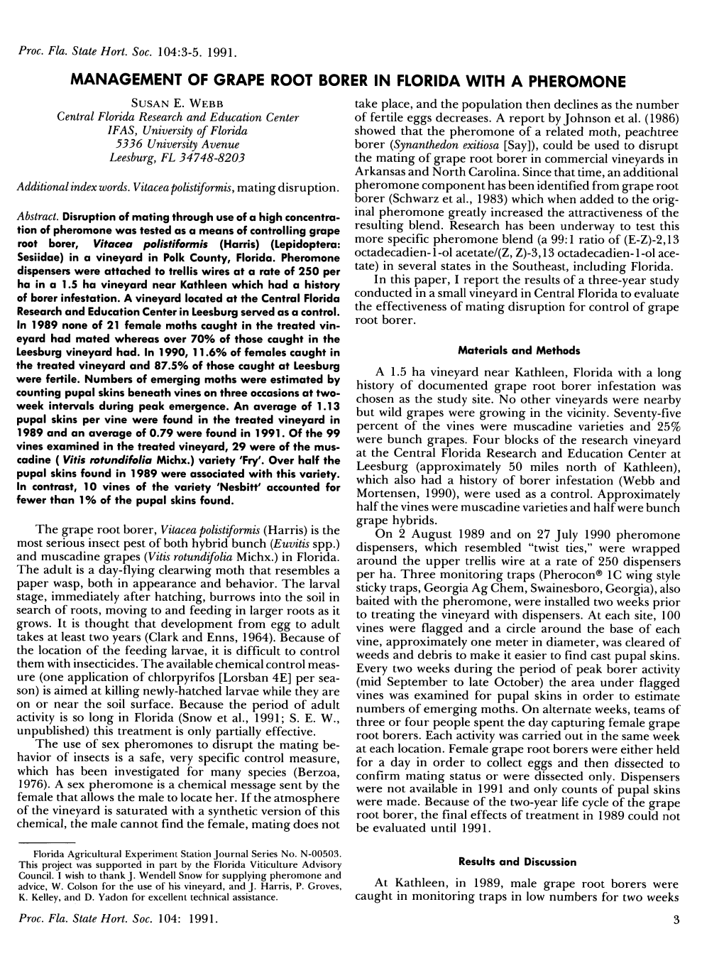 Management of Grape Root Borer in Florida with a Pheromone