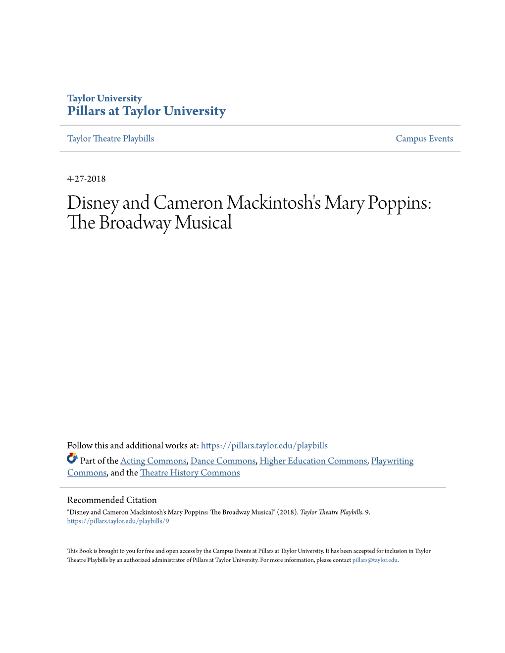 Disney and Cameron Mackintosh's Mary Poppins: the Broadway Musical