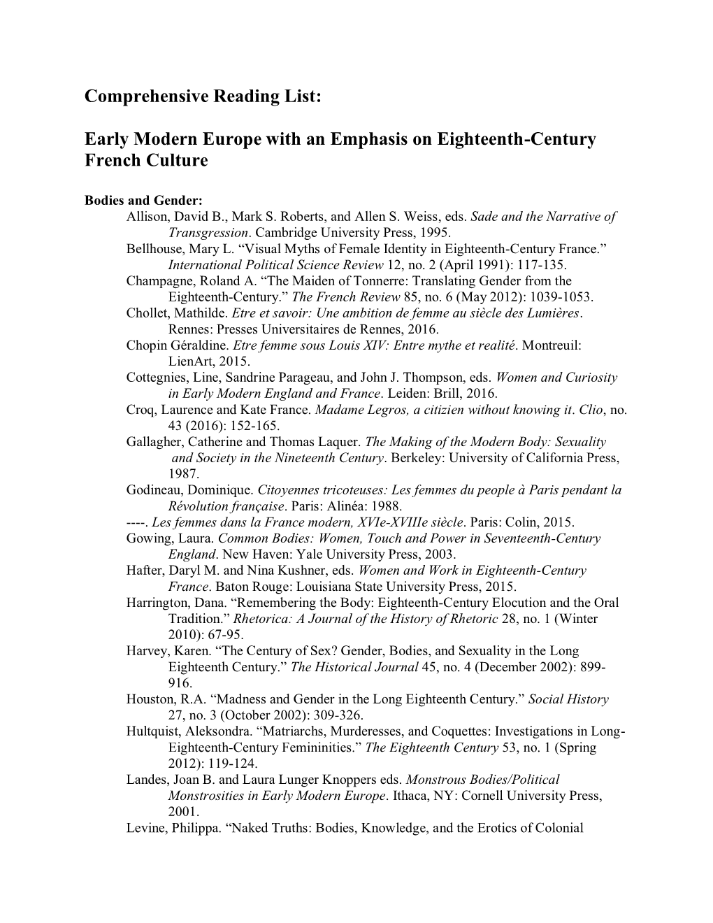 Early Modern Europe with an Emphasis on Eighteenth-Century French Culture