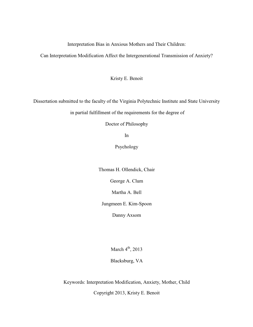 Interpretation Bias in Anxious Mothers and Their Children