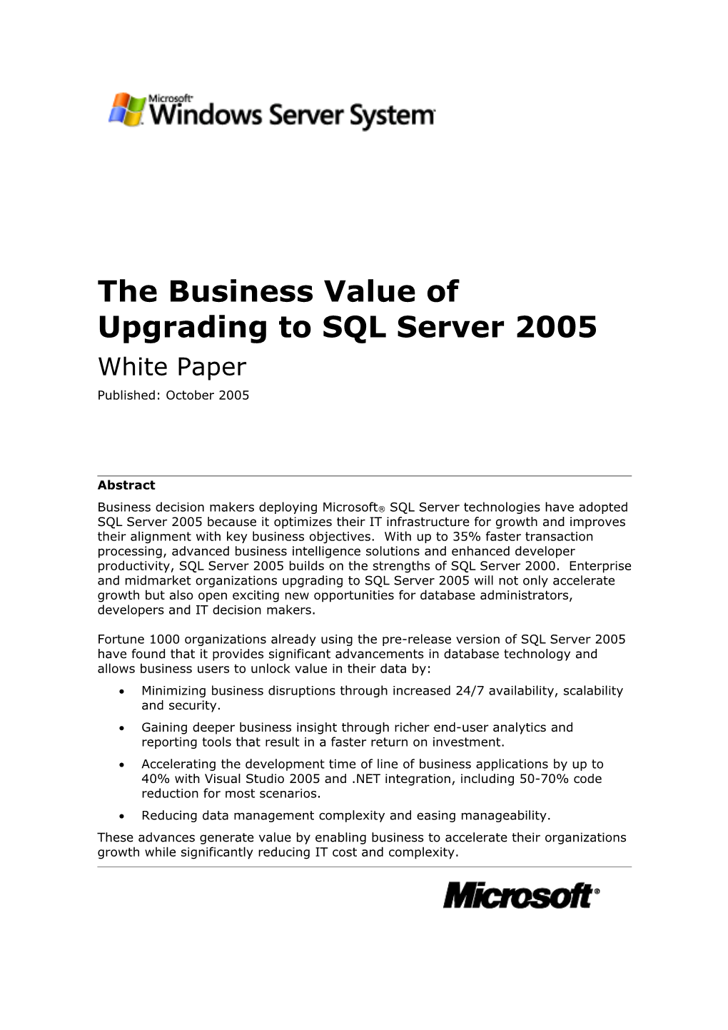 The Business Value of Upgrading to SQL Server 2005