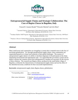 Entrepreneurial Supply Chains and Strategic Collaboration: the Case of Bagòss Cheese in Bagolino, Italy