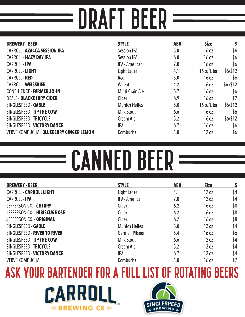 Ask Your Bartender for a FULL List of Rotating Beers COCKTAILS PACKAGED DRINKS